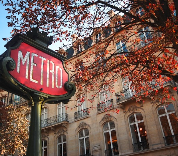 a Metro sign surrounded by autumn leaves